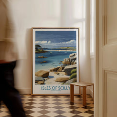 Isles of Scilly Yachts Wall Art — framed canvas on floor man walking past