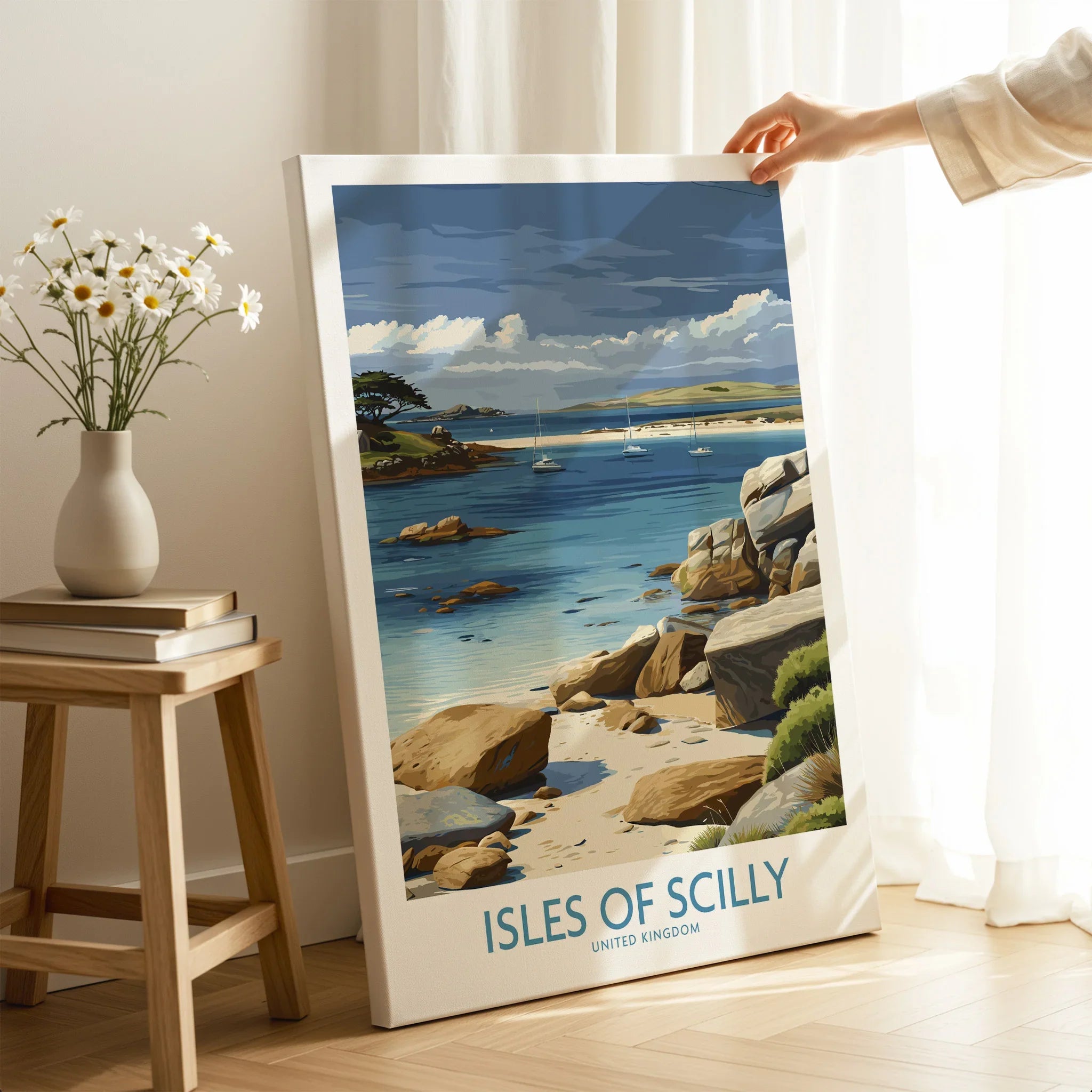 Isles of Scilly Yachts Wall Art — canvas print mirror edge hand holding room setting