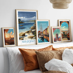 Isles of Scilly Yachts Wall Art — set five framed artprints above bed natural wood frames