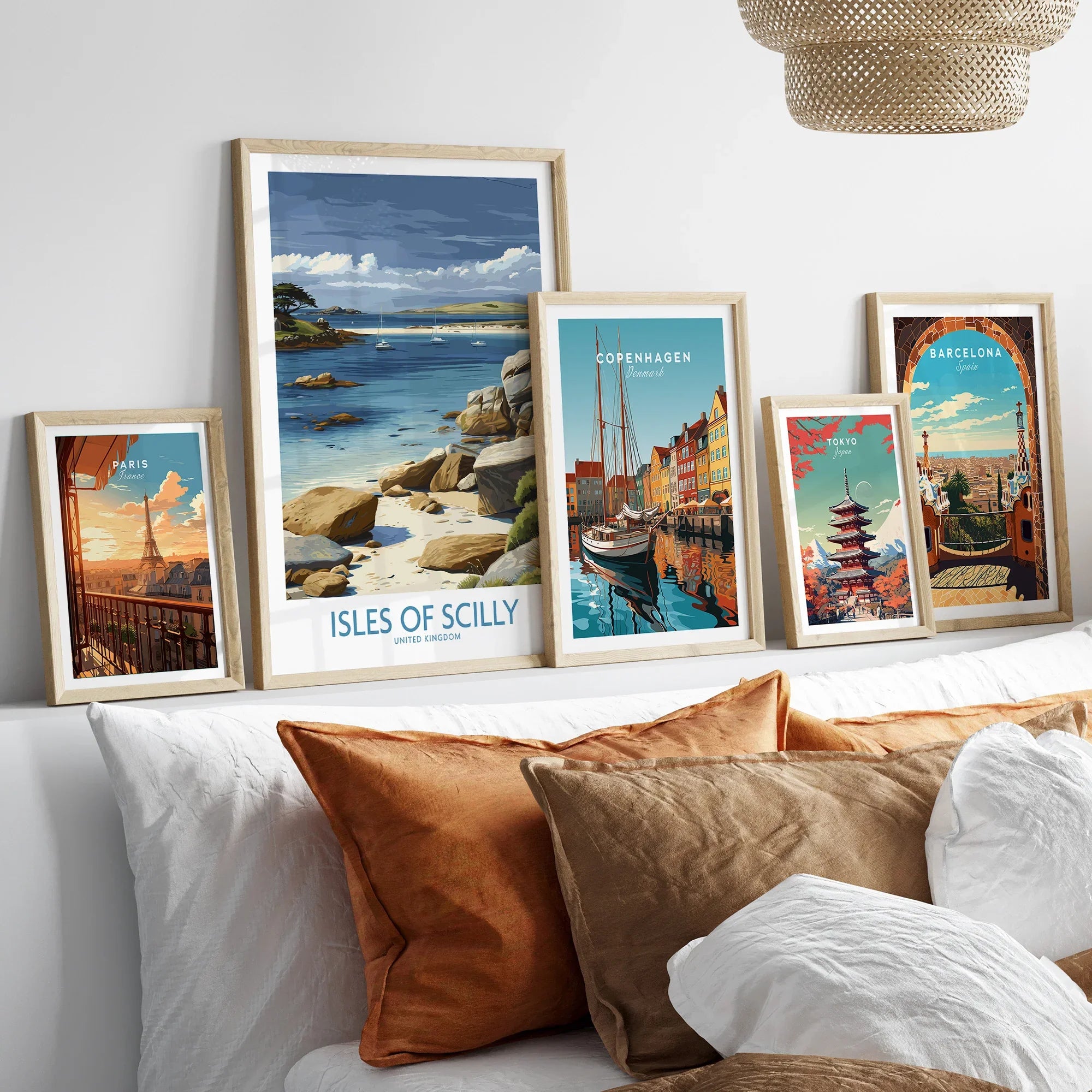 Isles of Scilly Yachts Wall Art — set five framed artprints above bed natural wood frames