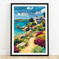 Isles of Scilly Cottage Travel Poster — art print in black frame on wooden floor
