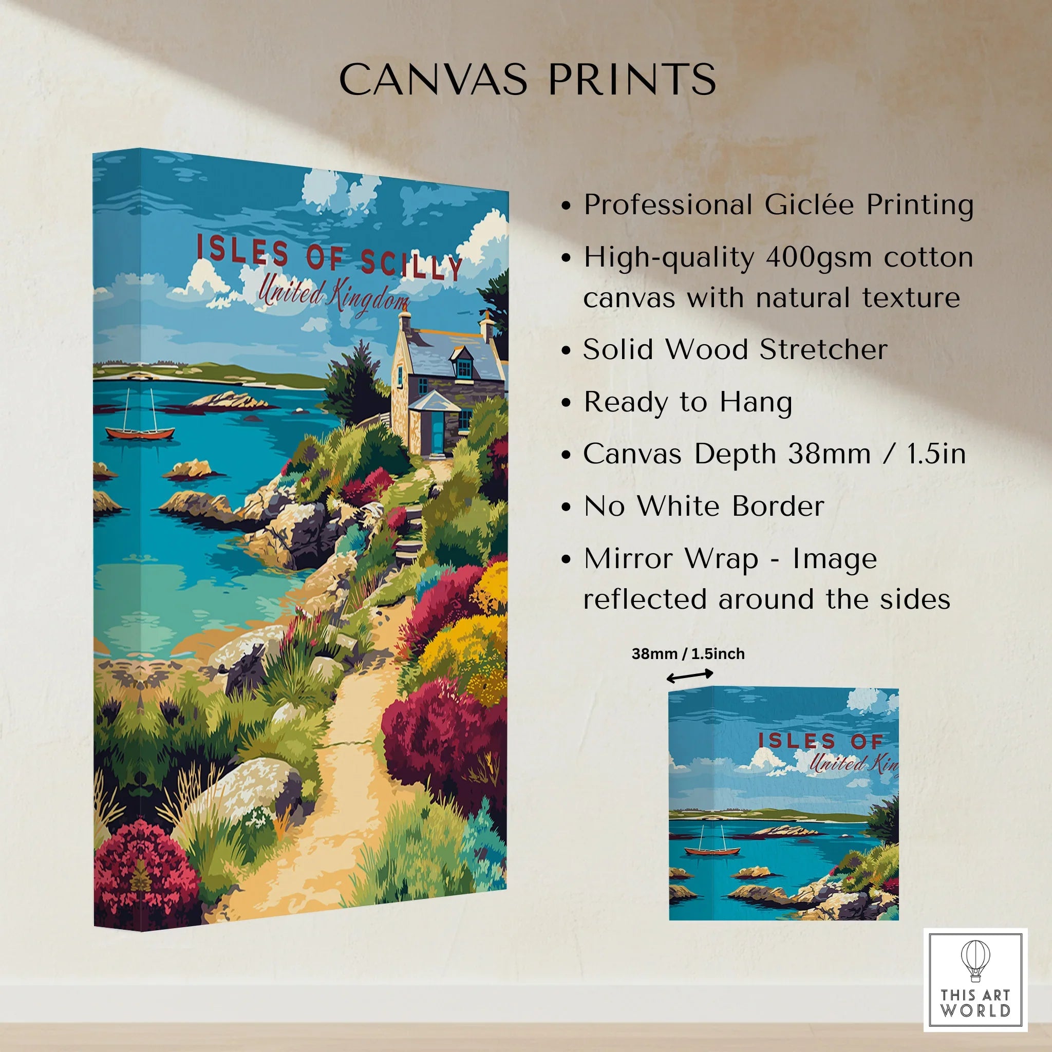 Isles of Scilly Cottage Travel Poster — canvas print stretched cotton canvas details
