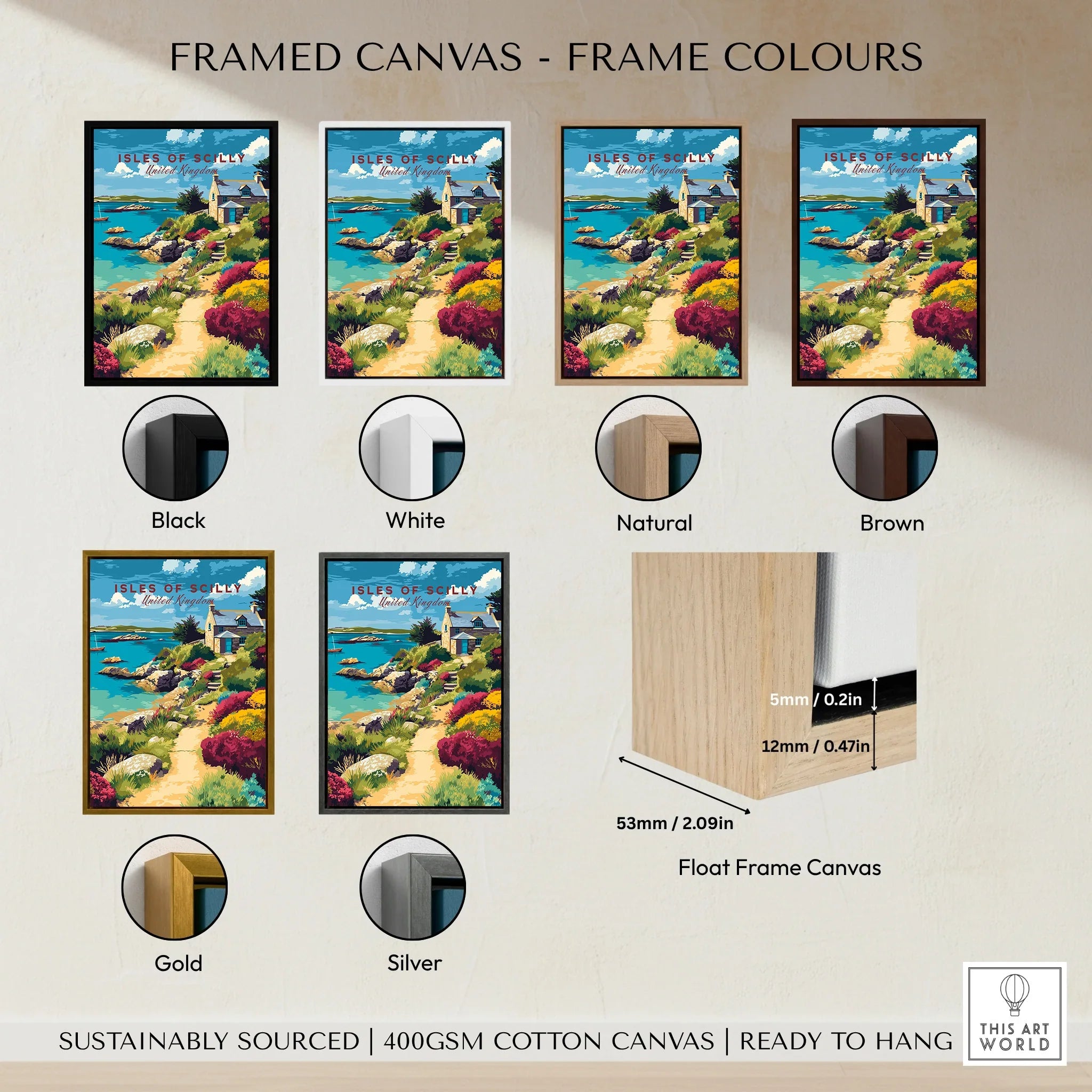 Isles of Scilly Cottage Travel Poster — framed canvas float frame colour options