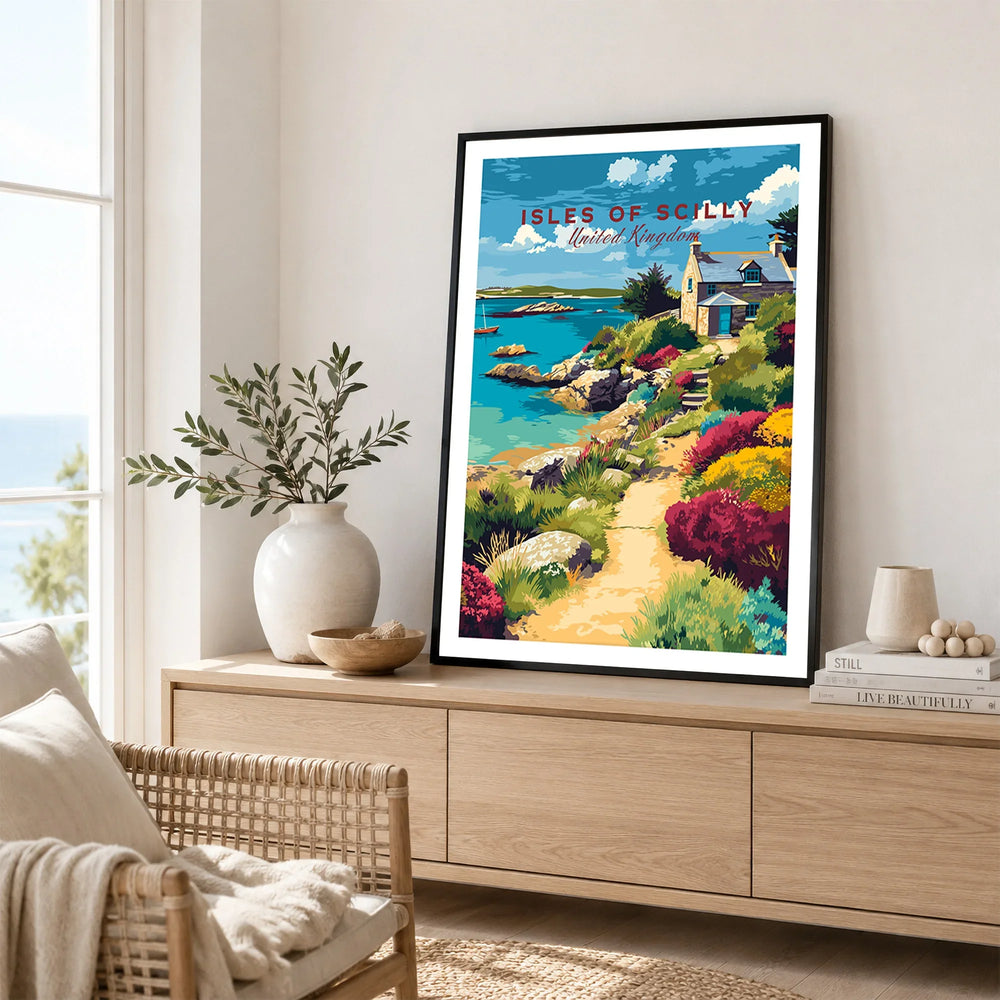 Isles of Scilly Cottage Travel Poster — framed artwork living room lifestyle setting