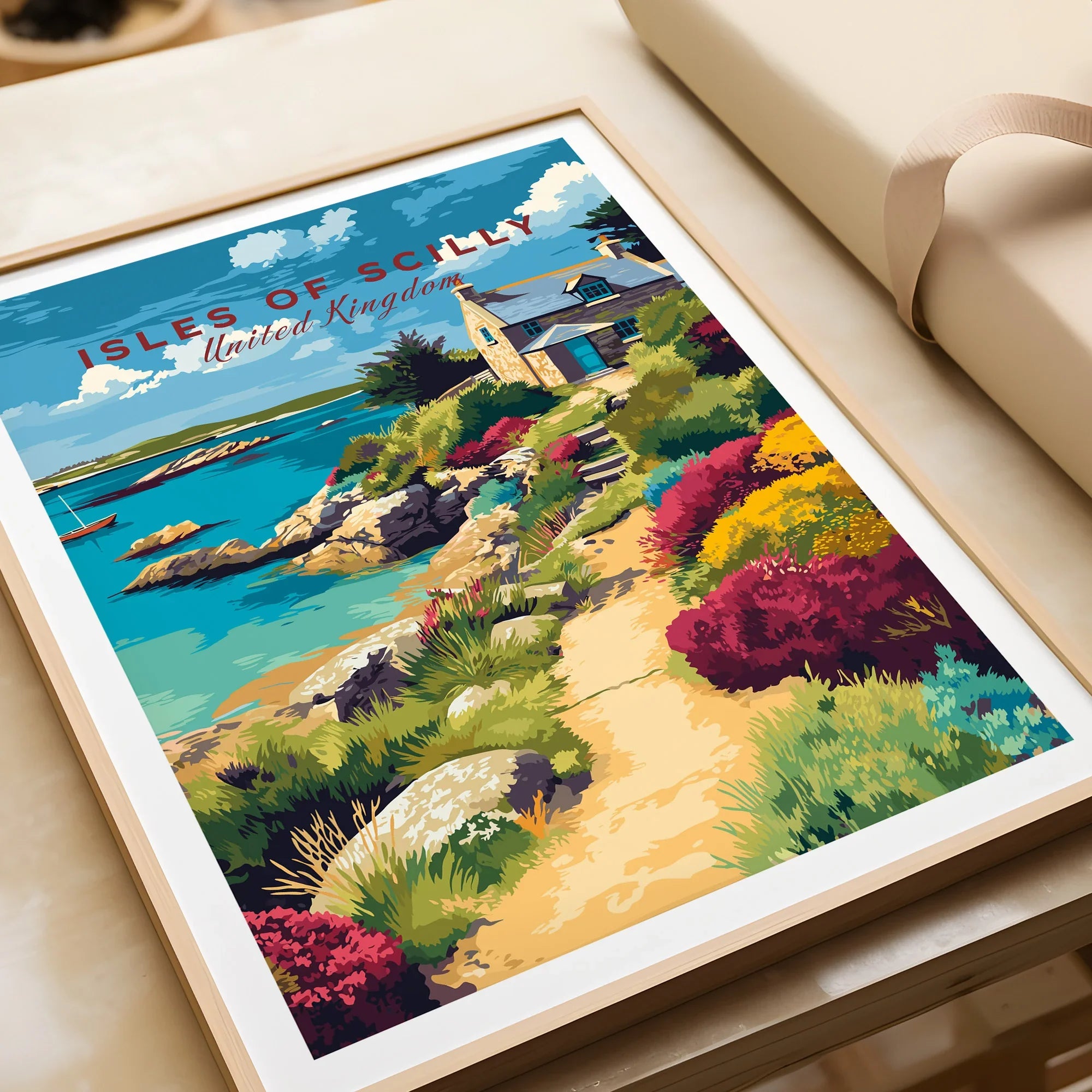 Isles of Scilly Cottage Travel Poster — framed art print closeup gift unwrapped natural frame
