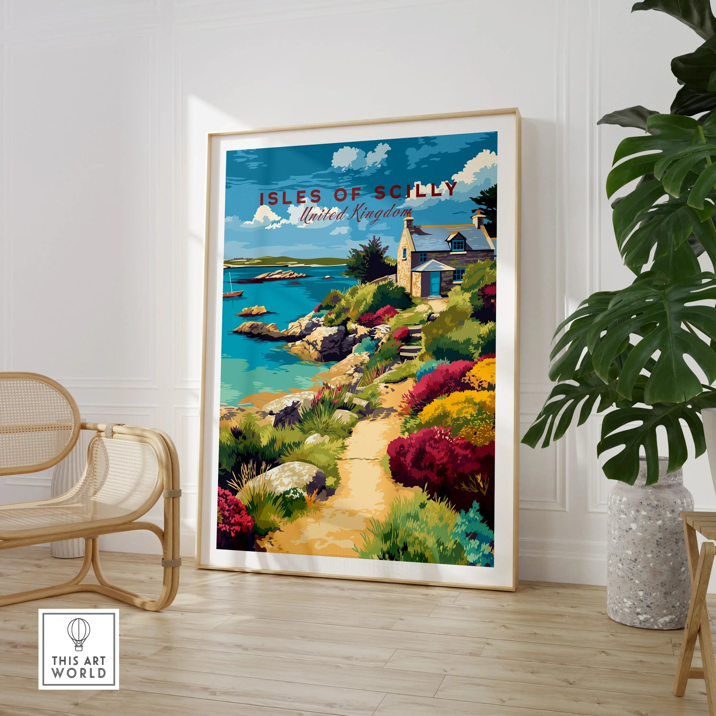 Isles of Scilly Cottage Travel Poster — large framed print room setting chair plant