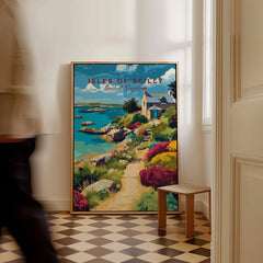 Isles of Scilly Cottage Travel Poster — framed canvas on floor man walking past