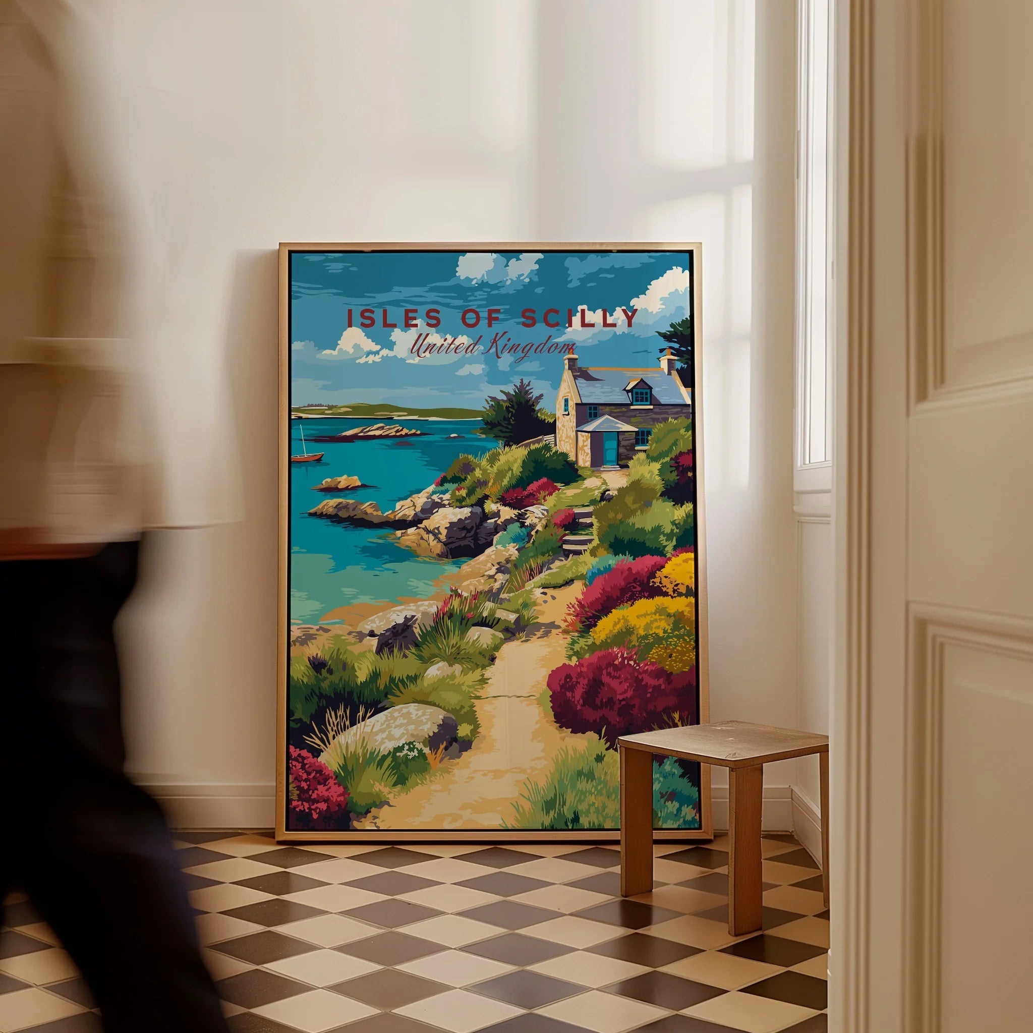 Isles of Scilly Cottage Travel Poster — framed canvas on floor man walking past