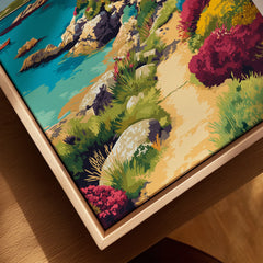 Isles of Scilly Cottage Travel Poster — closeup framed canvas natural wood floating frame