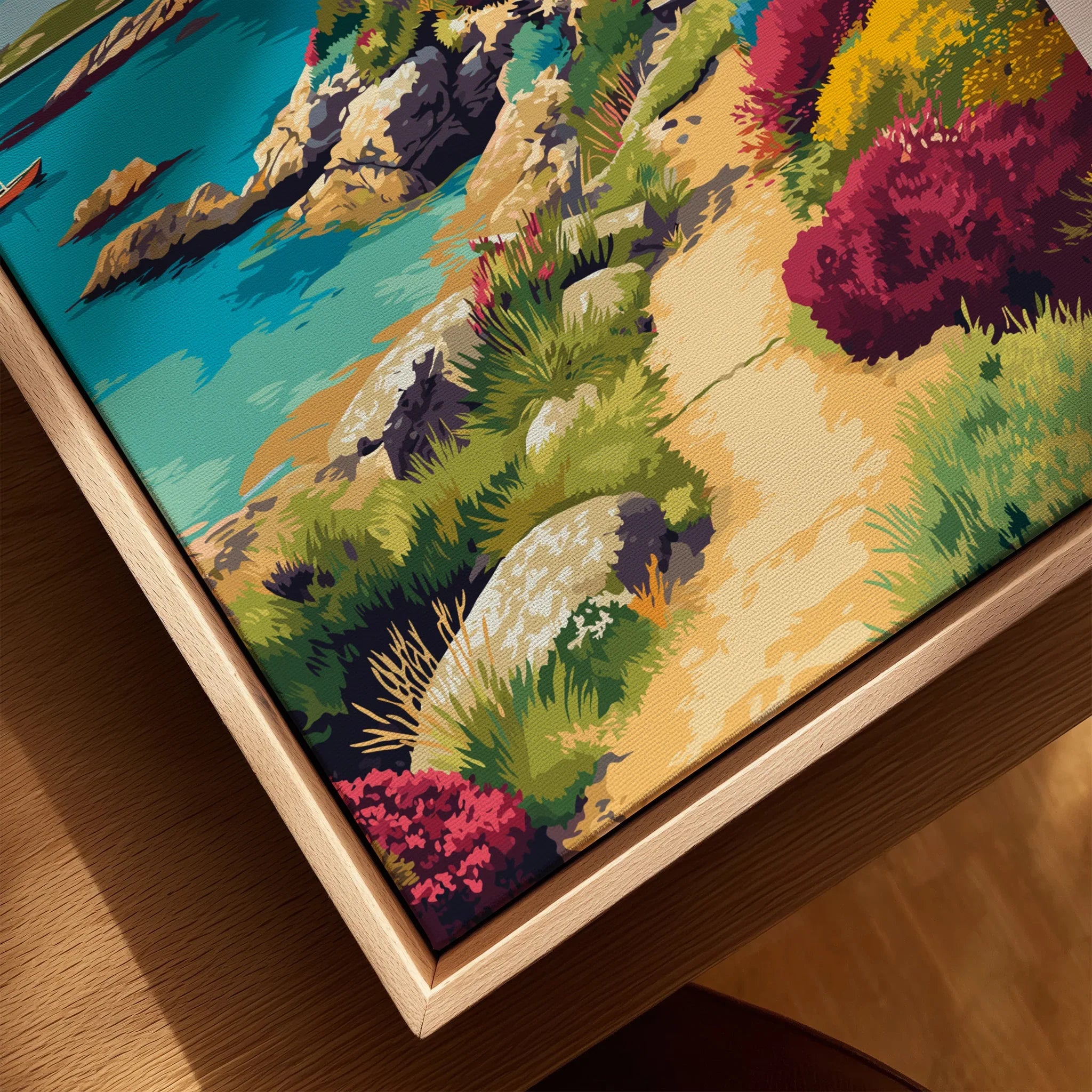 Isles of Scilly Cottage Travel Poster — closeup framed canvas natural wood floating frame