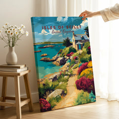 Isles of Scilly Cottage Travel Poster — canvas print mirror edge hand holding room setting