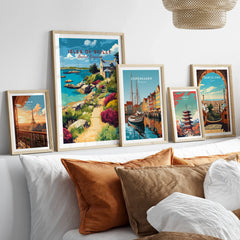 Isles of Scilly Cottage Travel Poster — set five framed artprints above bed natural wood frames