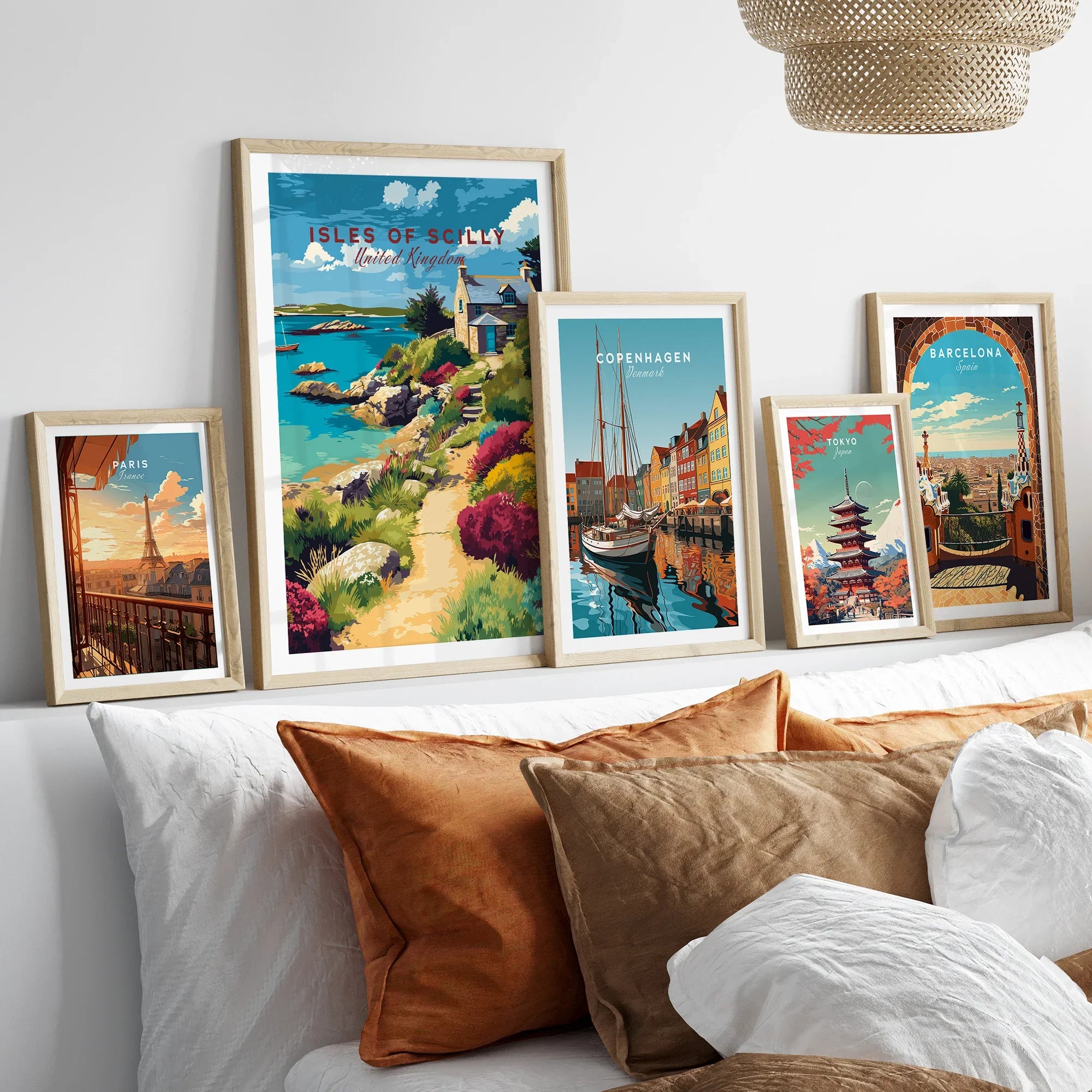 Isles of Scilly Cottage Travel Poster — set five framed artprints above bed natural wood frames