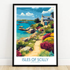 Isles of Scilly Coast Garden Wall Art — art print in black frame on wooden floor