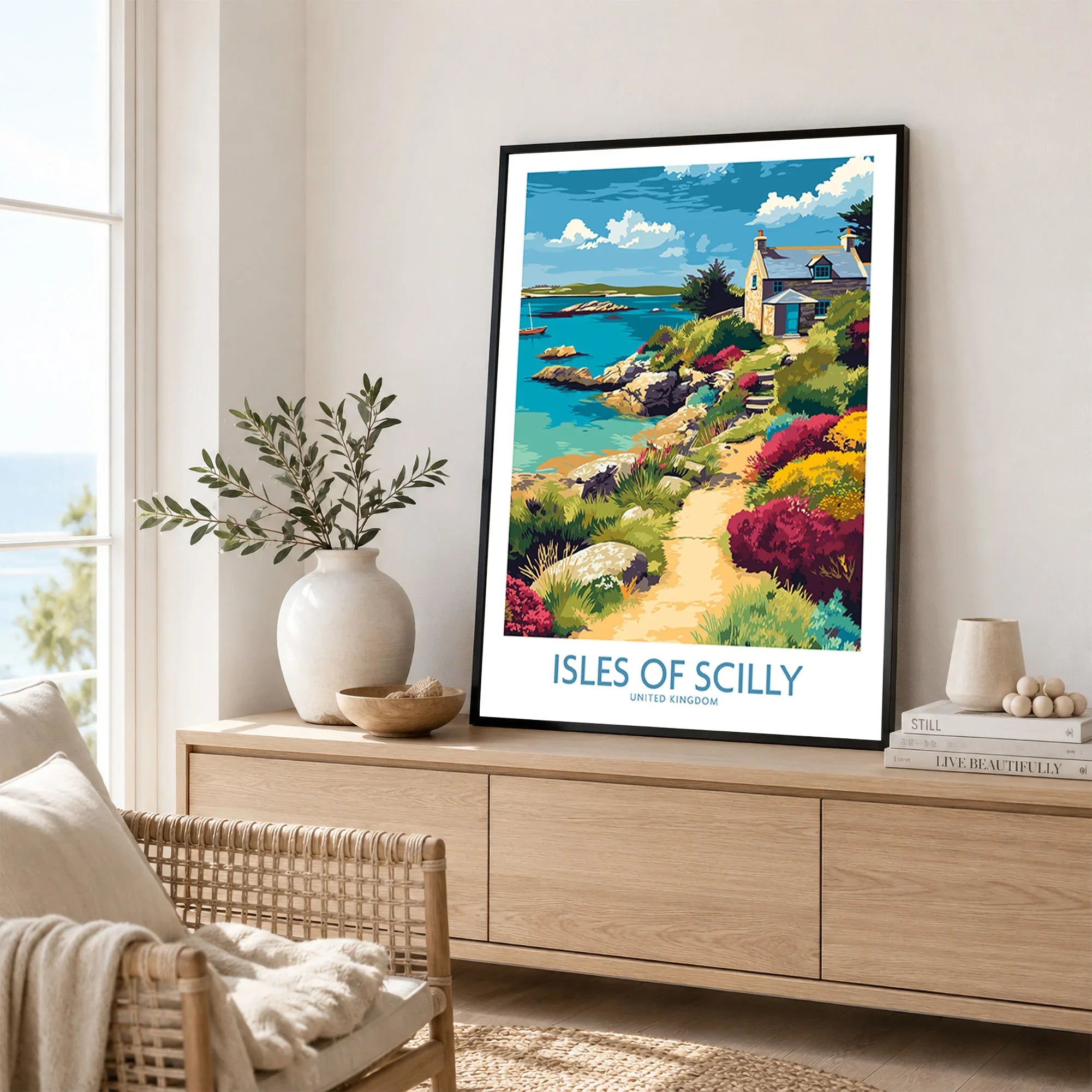 Isles of Scilly Coast Garden Wall Art — framed artwork living room lifestyle setting