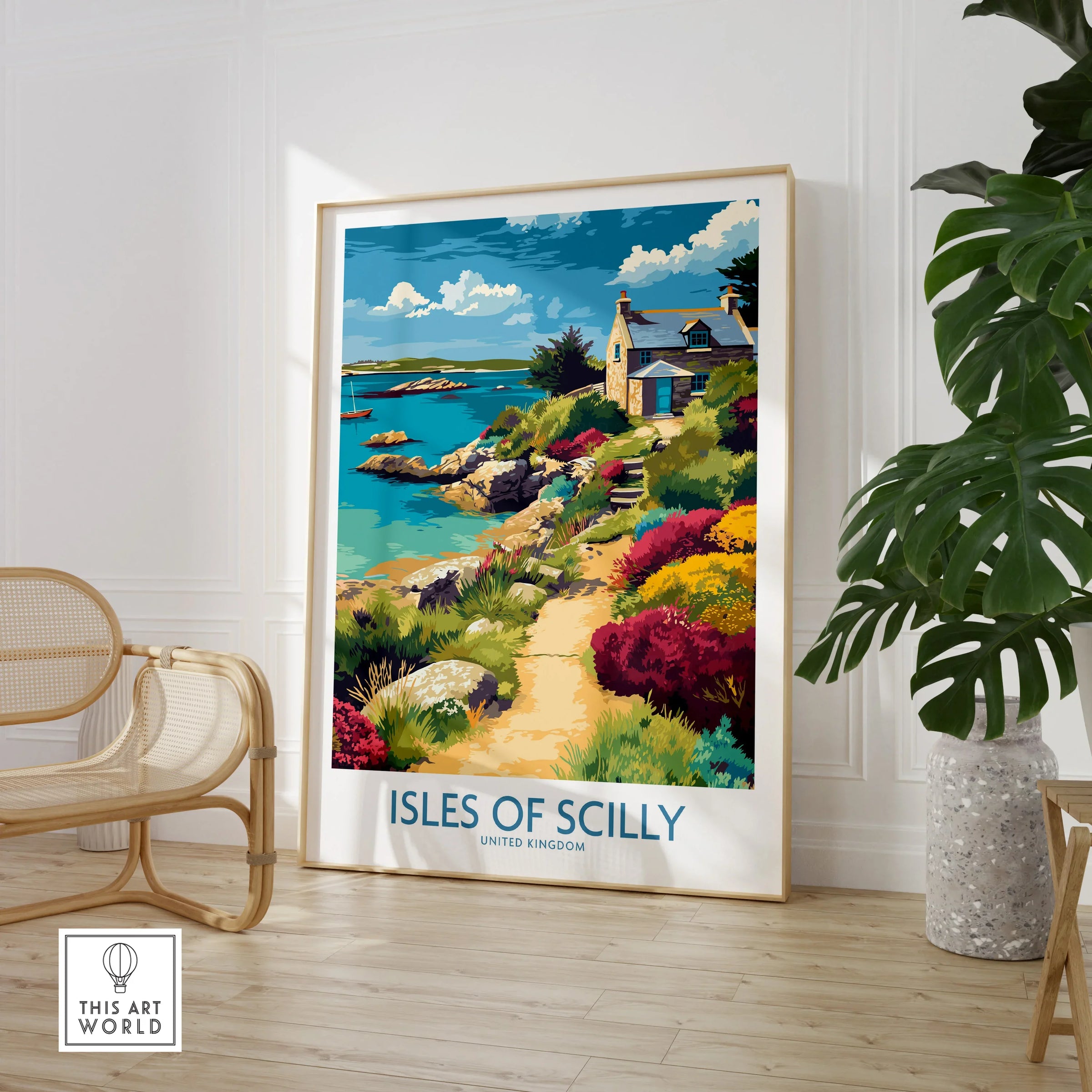 Isles of Scilly Coast Garden Wall Art — large framed print room setting chair plant