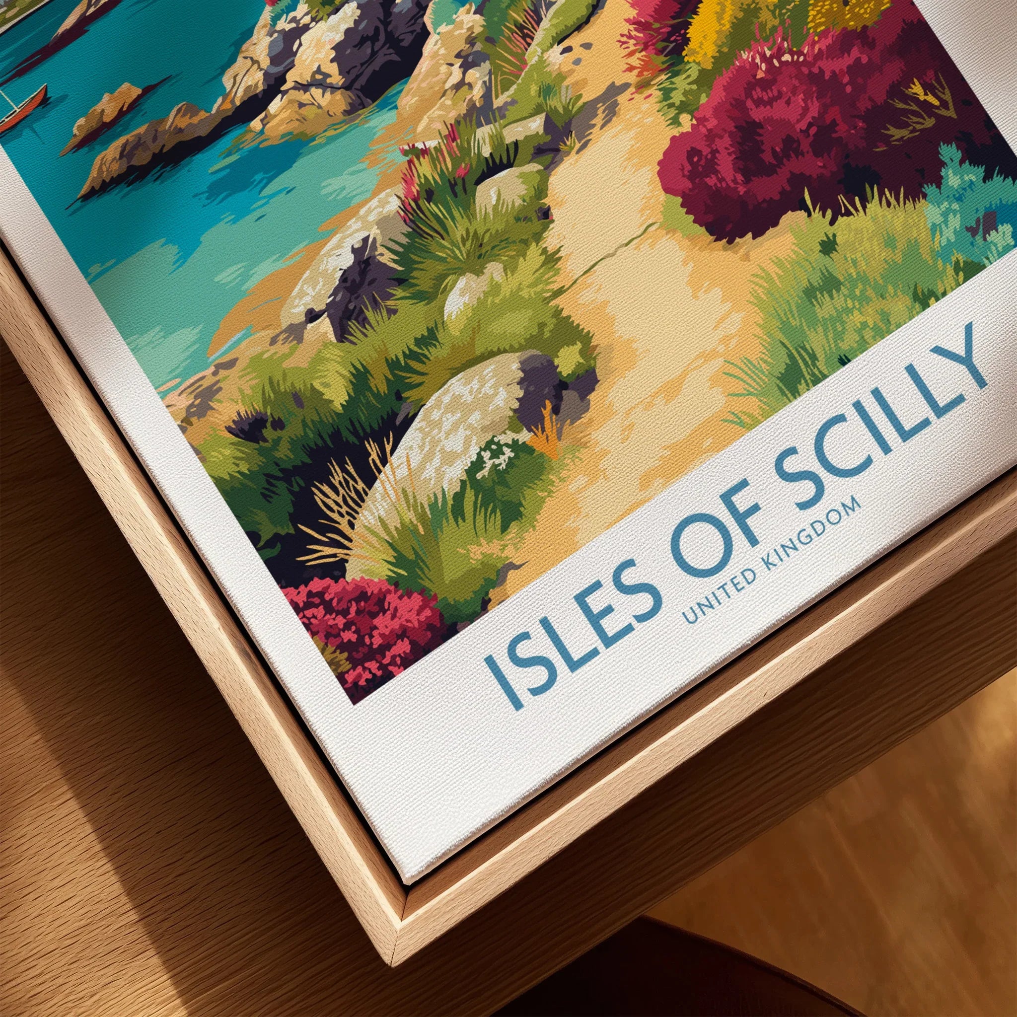 Isles of Scilly Coast Garden Wall Art — closeup framed canvas natural wood floating frame