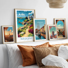 Isles of Scilly Coast Garden Wall Art — set five framed artprints above bed natural wood frames