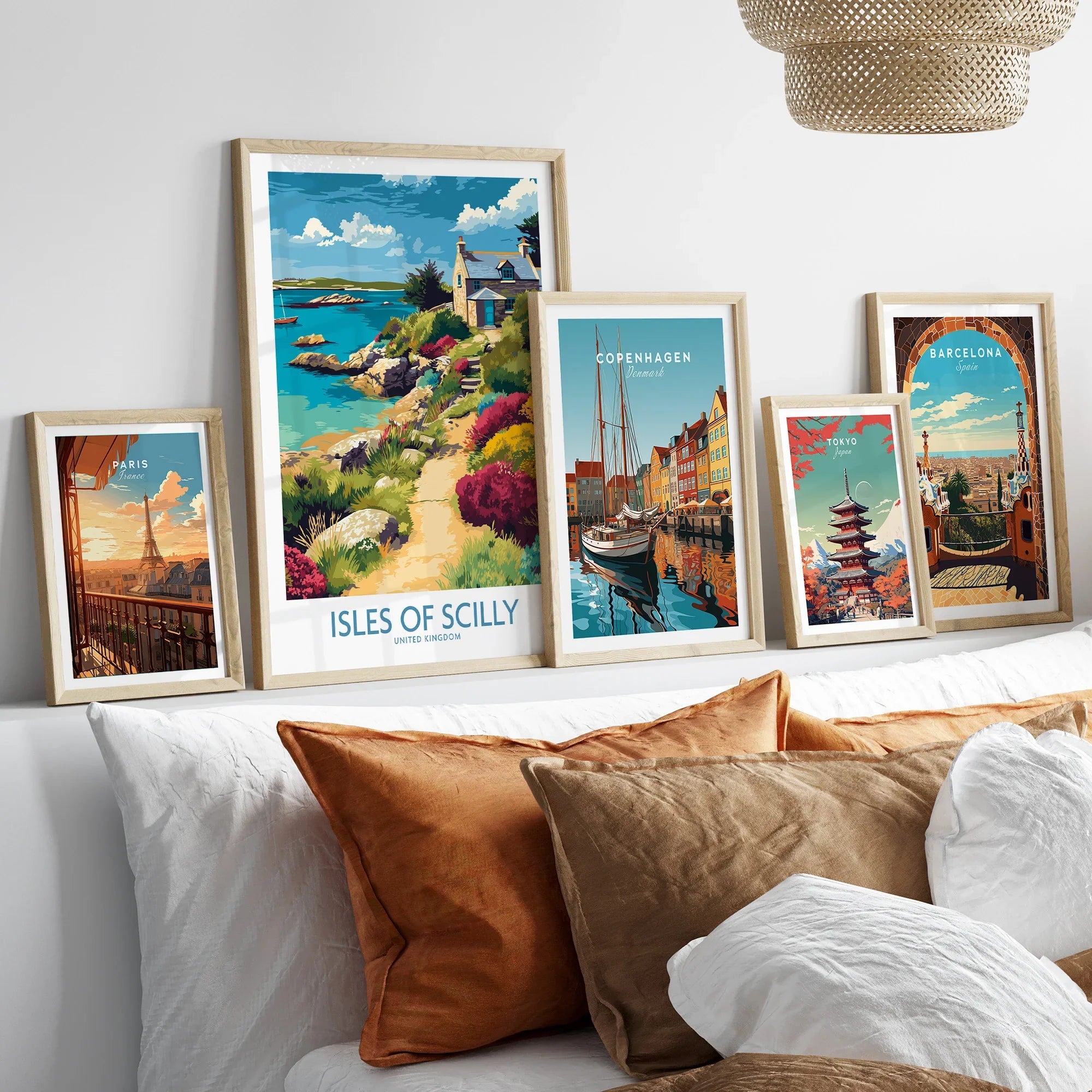Isles of Scilly Coast Garden Wall Art — set five framed artprints above bed natural wood frames