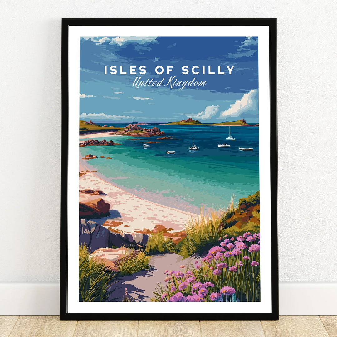 Isles of Scilly Beach Travel Poster — art print in black frame on wooden floor