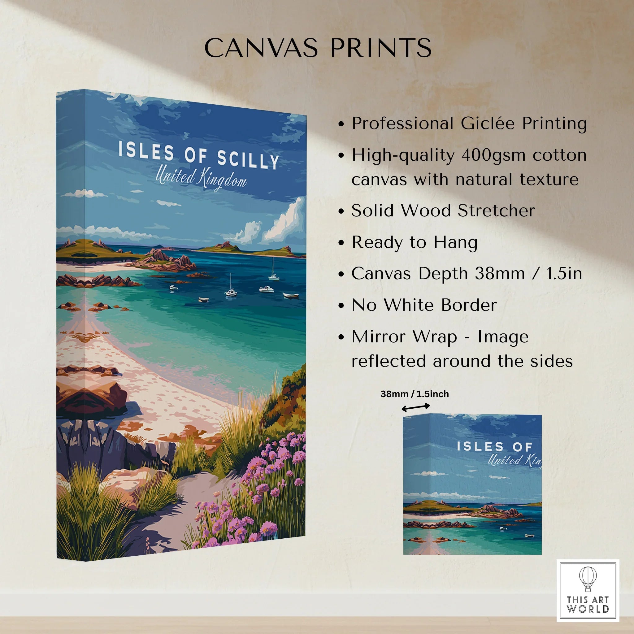 Isles of Scilly Beach Travel Poster — canvas print stretched cotton canvas details