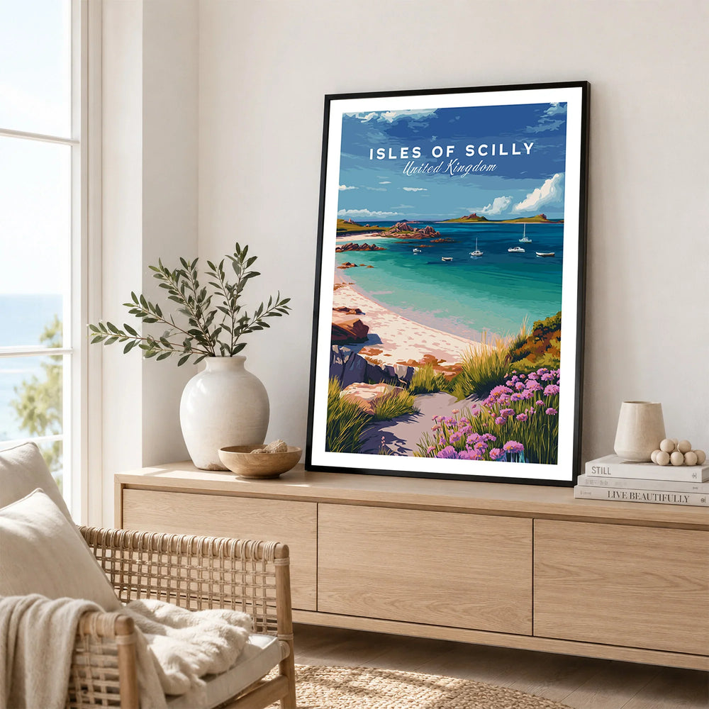 Isles of Scilly Beach Travel Poster — framed artwork living room lifestyle setting