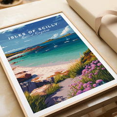 Isles of Scilly Beach Travel Poster — framed art print closeup gift unwrapped natural frame