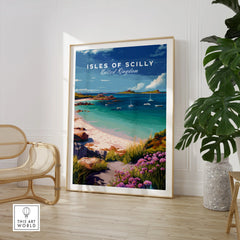 Isles of Scilly Beach Travel Poster — large framed print room setting chair plant