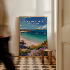 Isles of Scilly Beach Travel Poster — framed canvas on floor man walking past