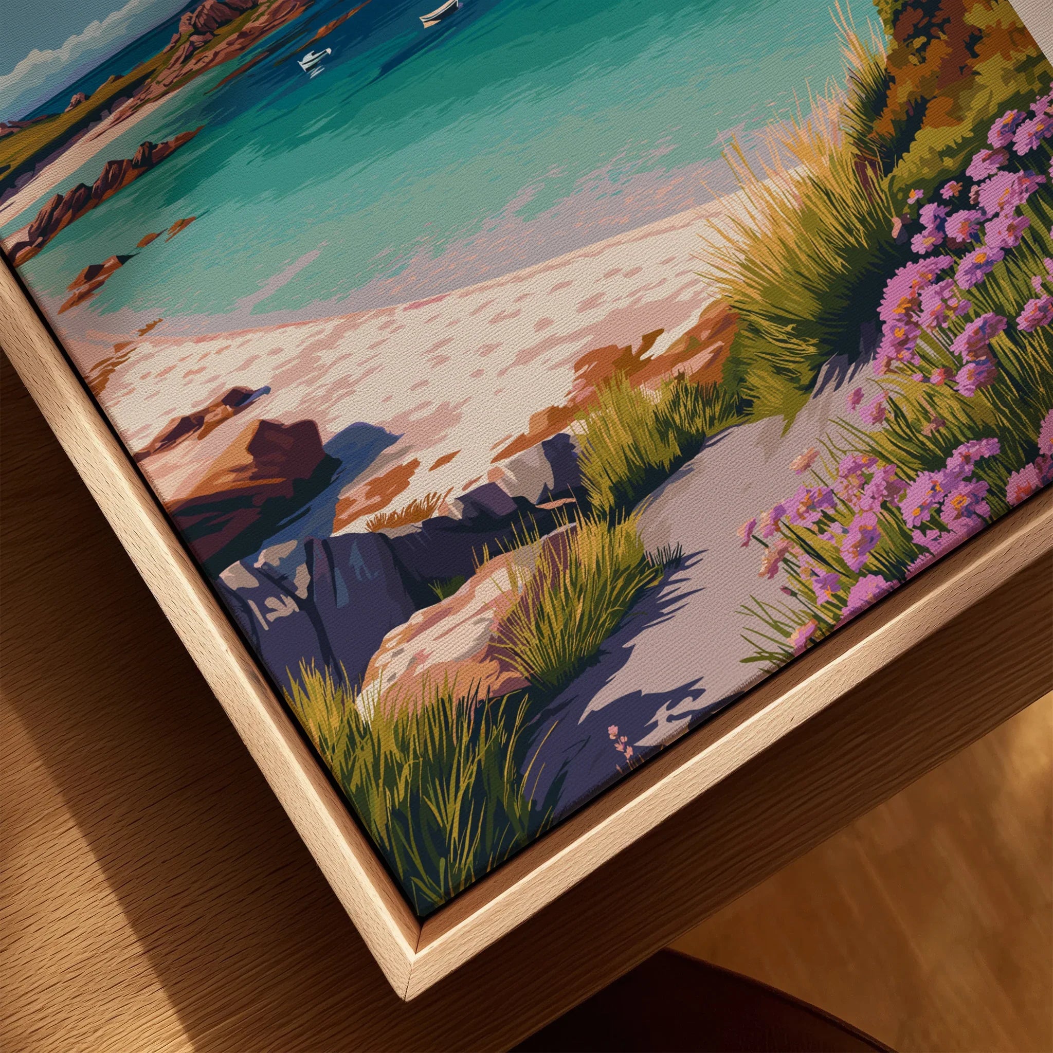 Isles of Scilly Beach Travel Poster — closeup framed canvas natural wood floating frame