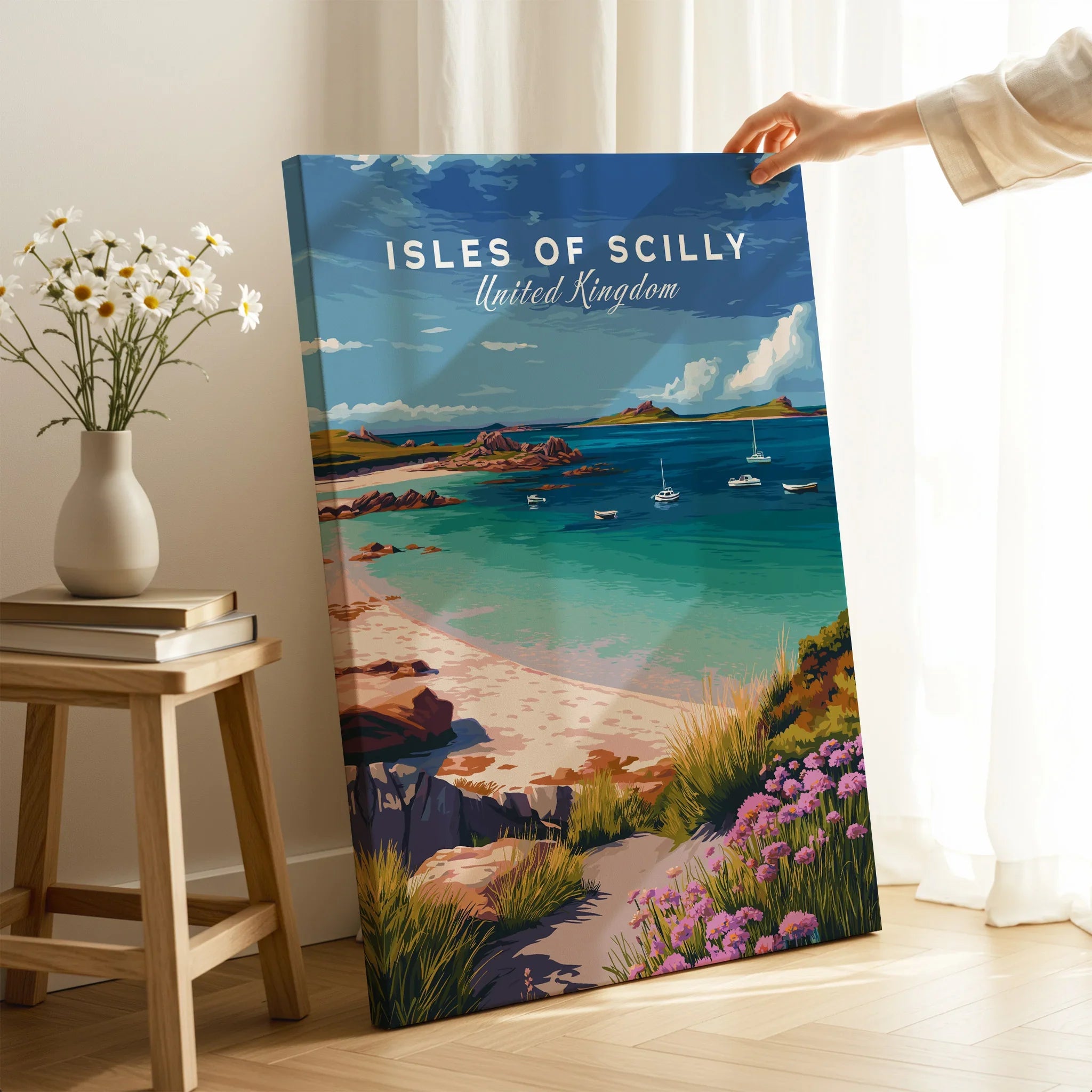 Isles of Scilly Beach Travel Poster — canvas print mirror edge hand holding room setting
