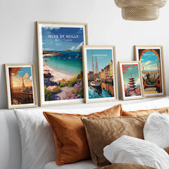 Isles of Scilly Beach Travel Poster — set five framed artprints above bed natural wood frames