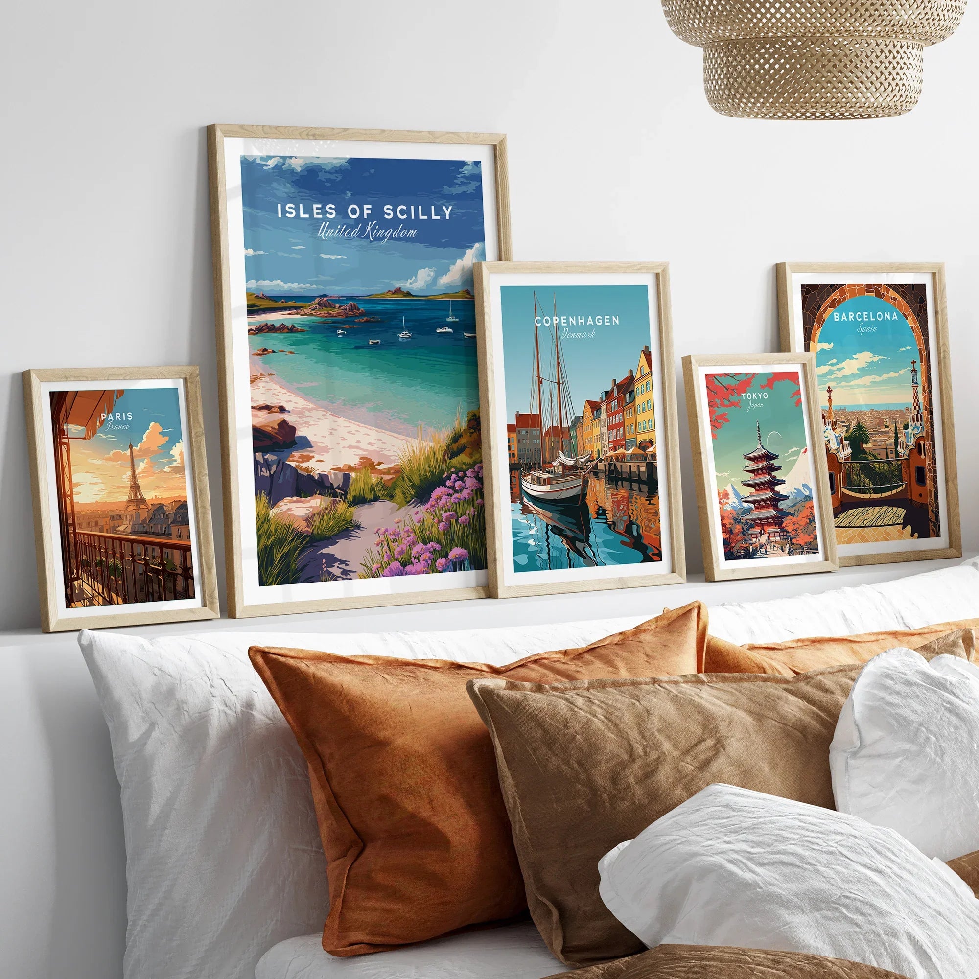 Isles of Scilly Beach Travel Poster — set five framed artprints above bed natural wood frames