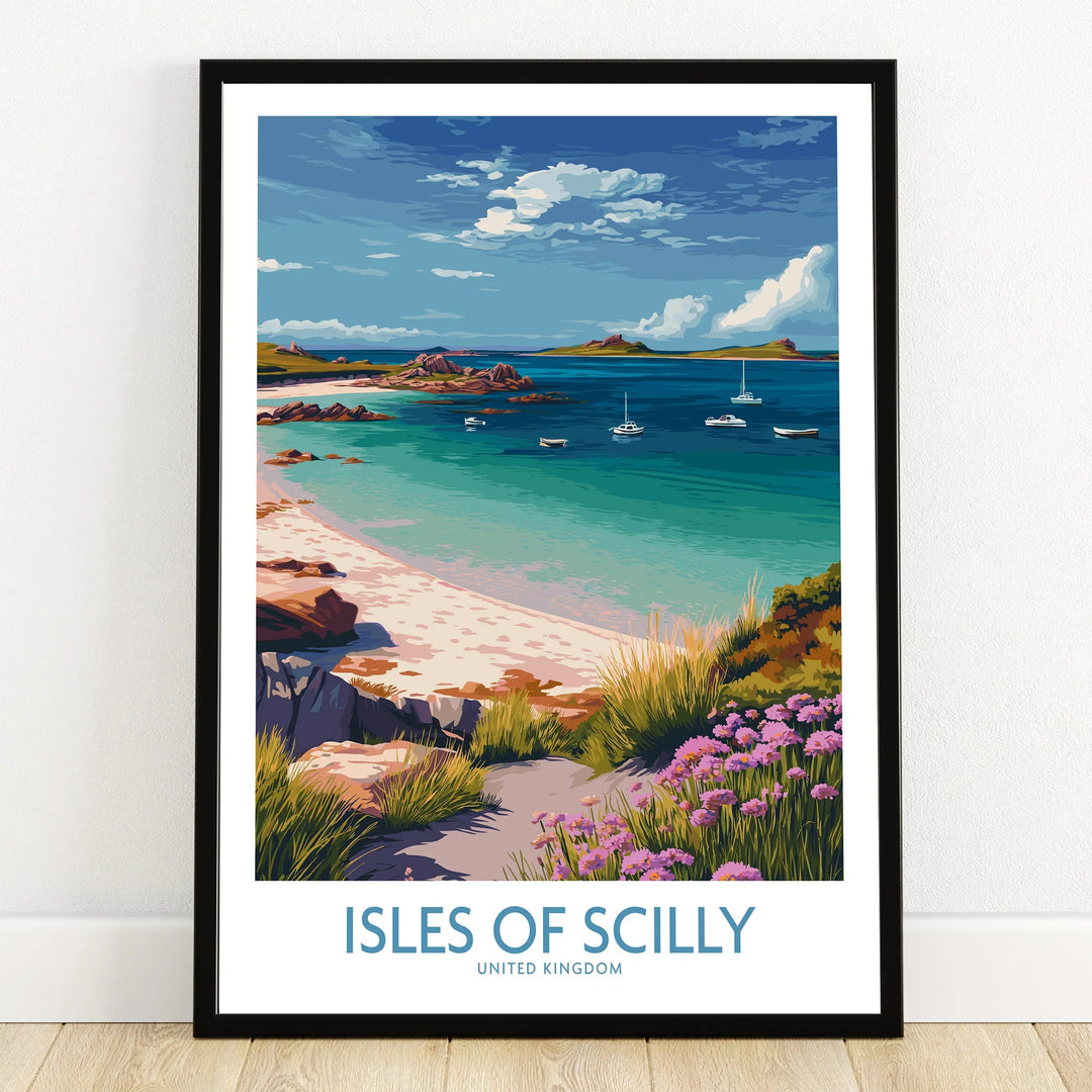 Isles of Scilly Bay Wall Art — art print in black frame on wooden floor