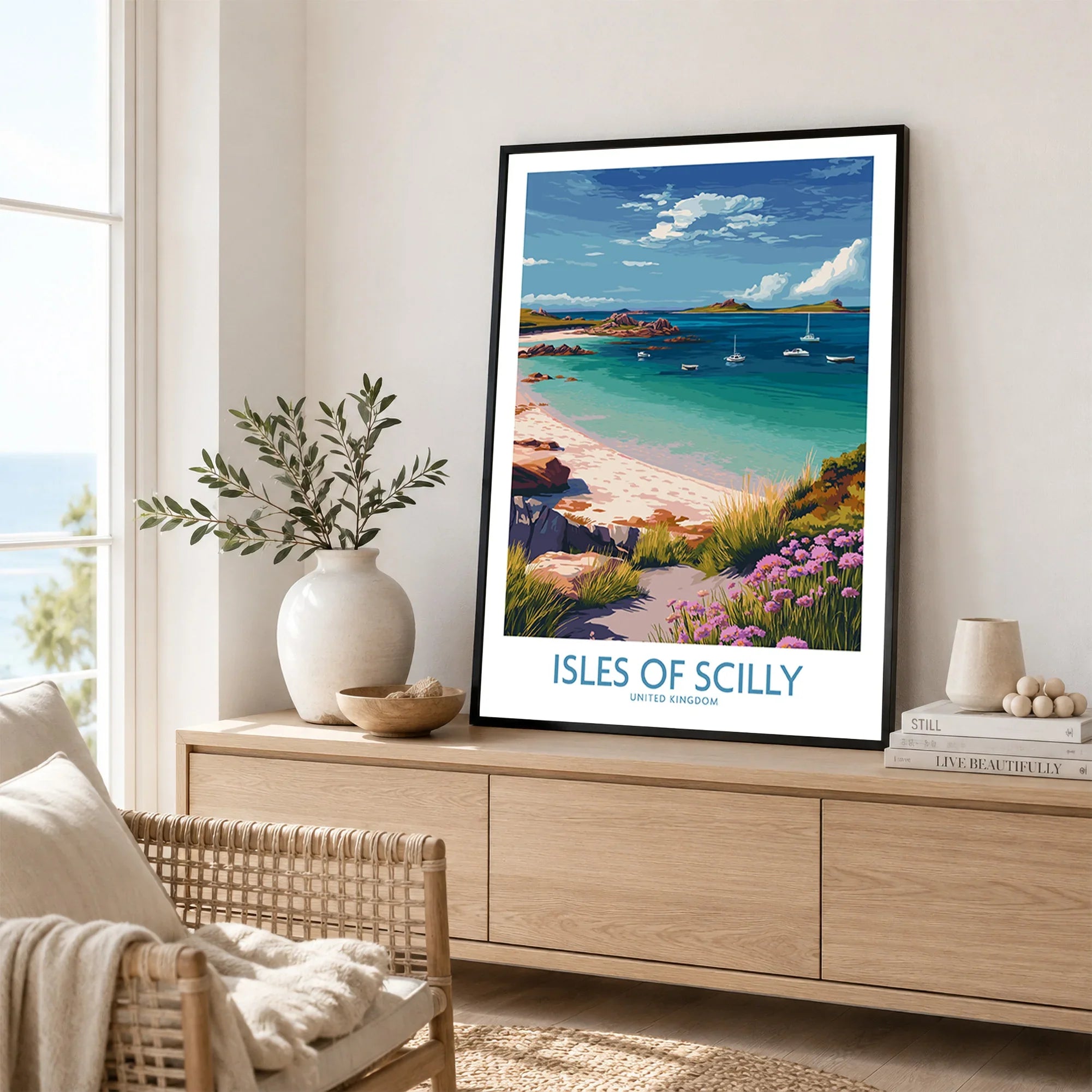 Isles of Scilly Bay Wall Art — framed artwork living room lifestyle setting