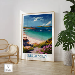 Isles of Scilly Bay Wall Art — large framed print room setting chair plant