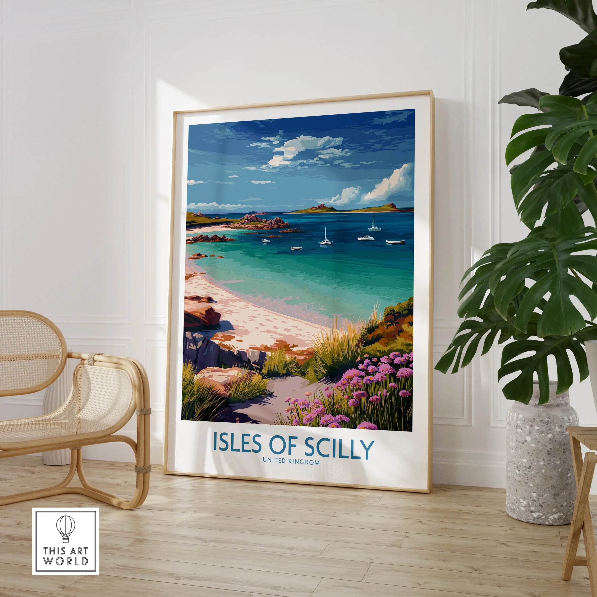 Isles of Scilly Bay Wall Art — large framed print room setting chair plant