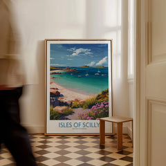 Isles of Scilly Bay Wall Art — framed canvas on floor man walking past