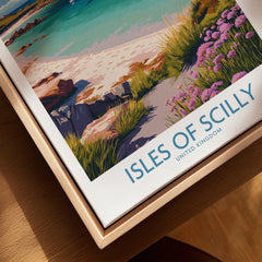 Isles of Scilly Bay Wall Art — closeup framed canvas natural wood floating frame
