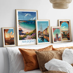 Isles of Scilly Bay Wall Art — set five framed artprints above bed natural wood frames