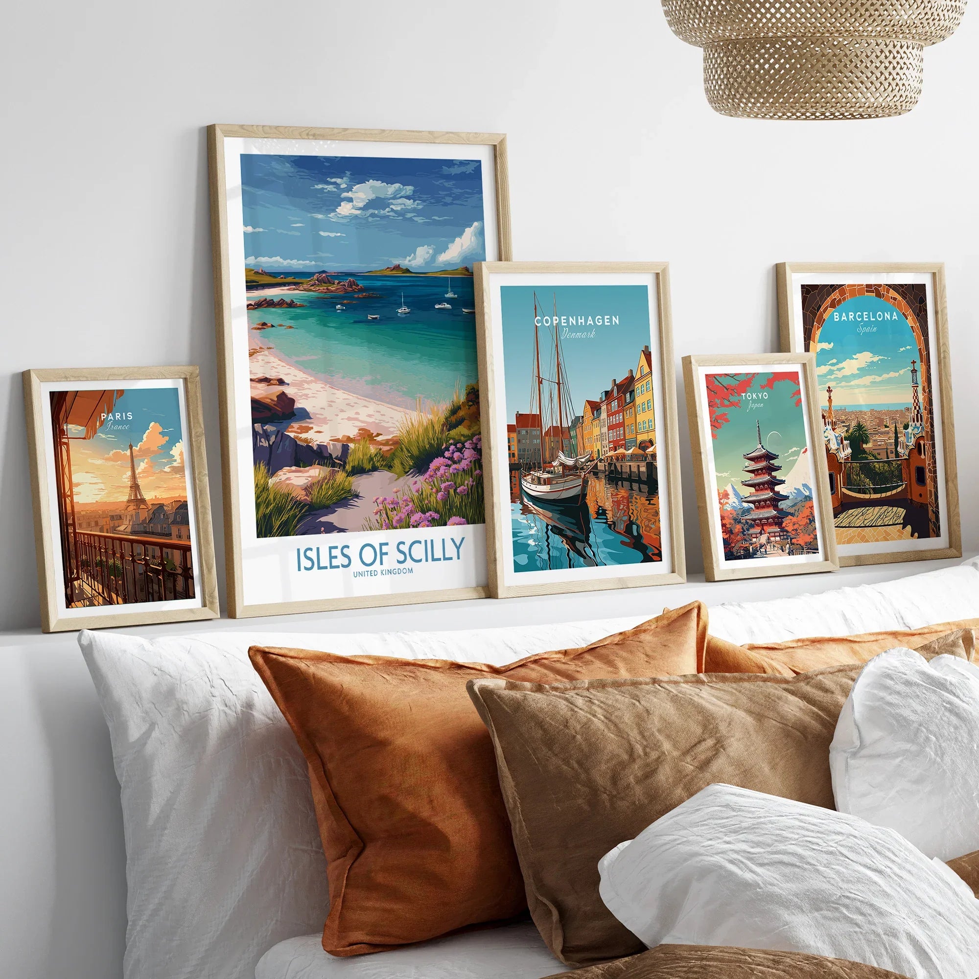 Isles of Scilly Bay Wall Art — set five framed artprints above bed natural wood frames