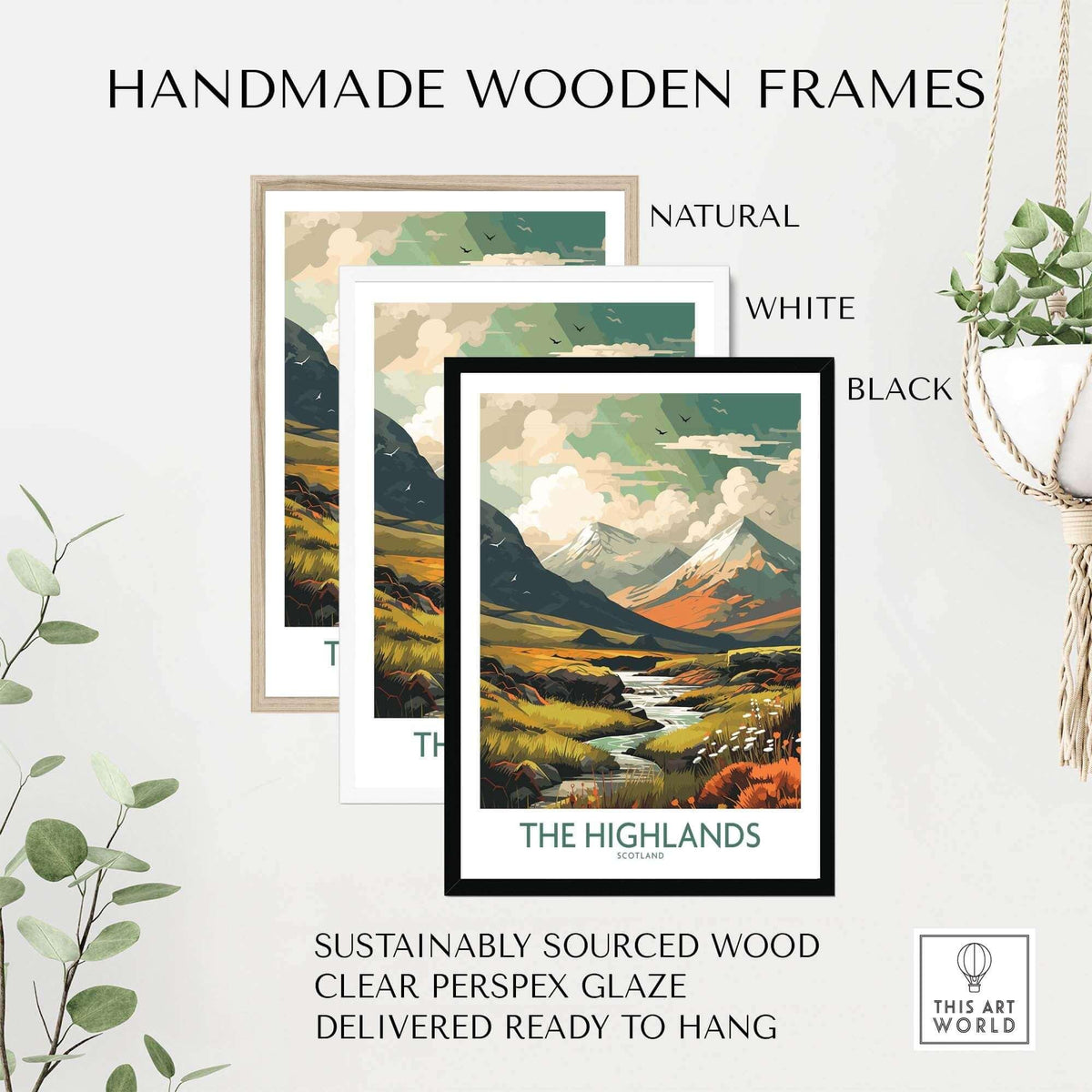 Handmade wooden frames in natural, white, and black for "The Highlands" art print, featuring sustainably sourced wood and clear glaze.