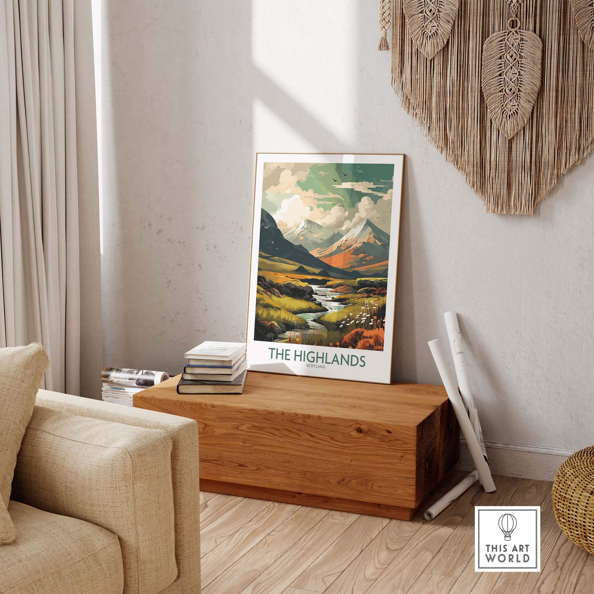 Scottish Highlands art print displayed in a cozy living room, showcasing vibrant landscapes and modern style decor.