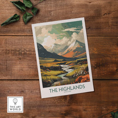 Scottish Highlands art print featuring vibrant mountains, lush landscapes, and a serene stream, perfect for home decor.