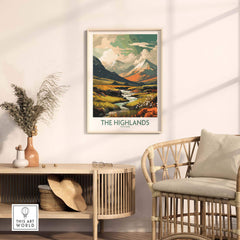 Scottish Highlands art print displayed in a modern living room, showcasing vibrant colors and stunning landscape.