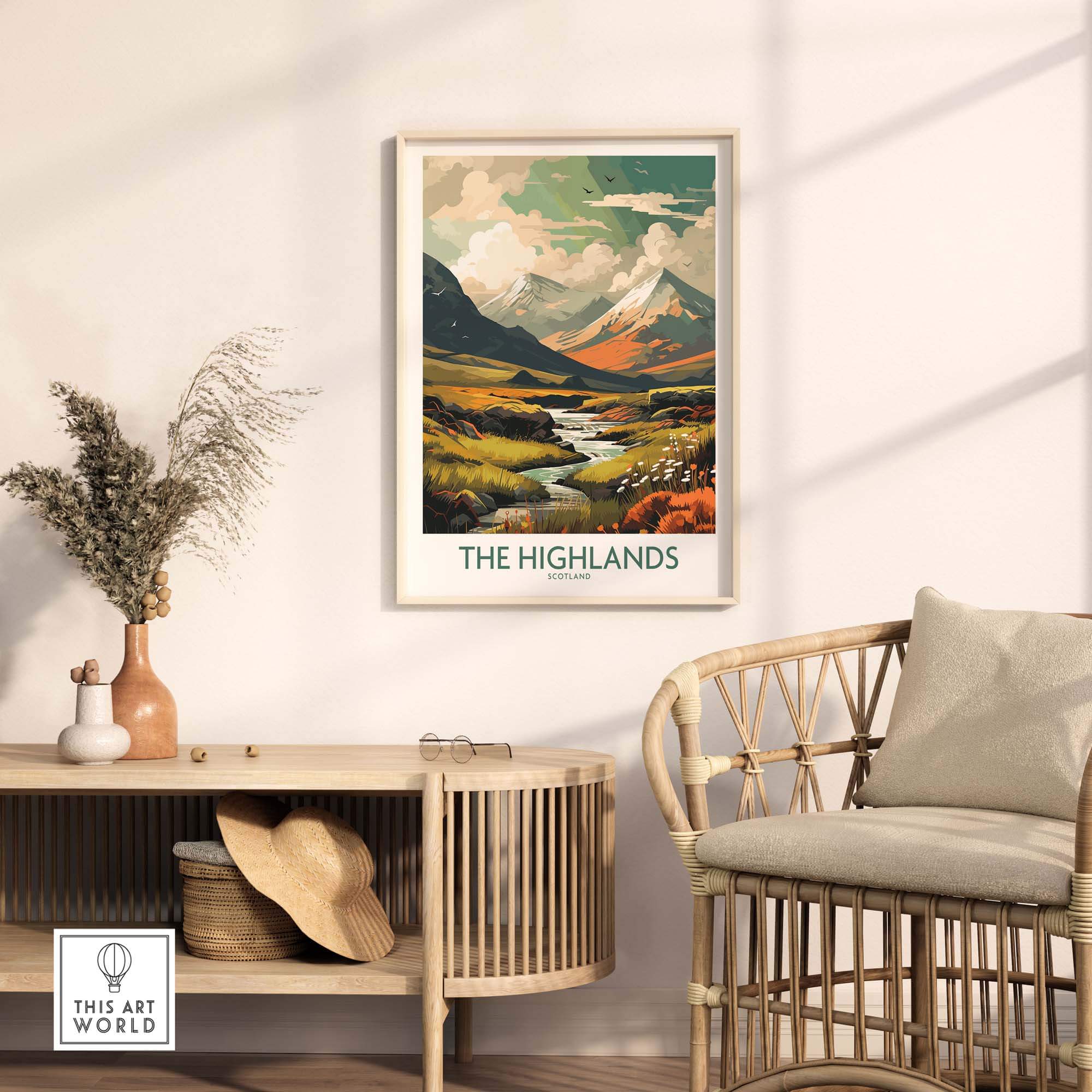 Scottish Highlands art print displayed in a modern living room, showcasing vibrant colors and stunning landscape.