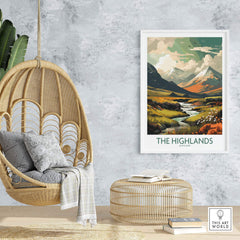 Scottish Highlands art print in modern decor, featuring vibrant landscapes and a stylish hanging chair.