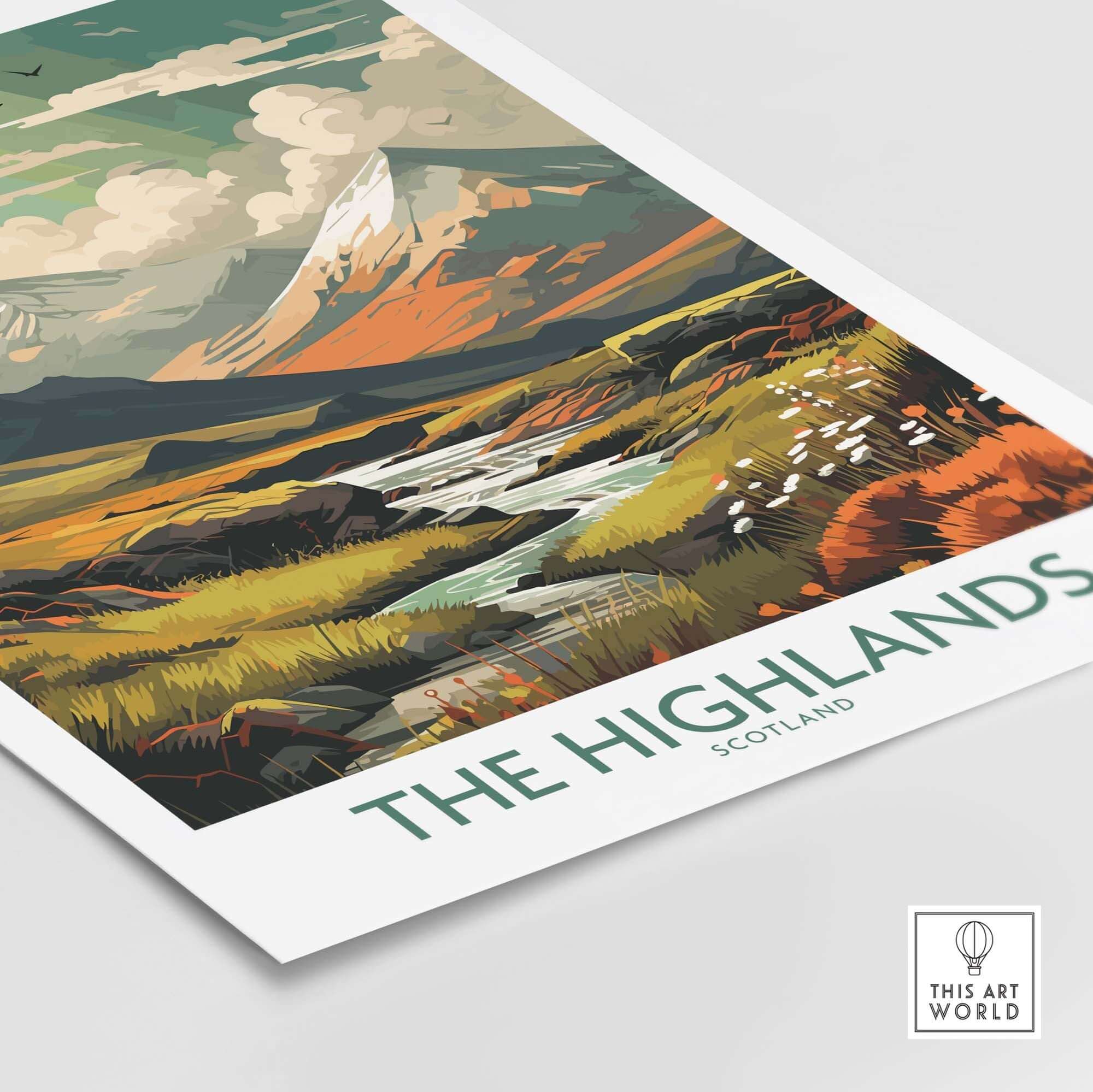 Scottish Highlands art print showcasing vibrant landscapes and earthy hues, perfect for modern home decor.