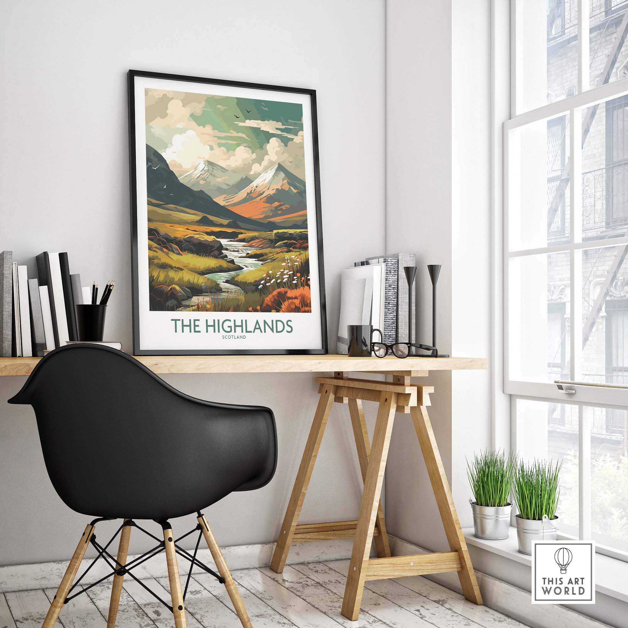 Scottish Highlands art print displayed in a modern home office setting, featuring vibrant landscapes and stylish decor.