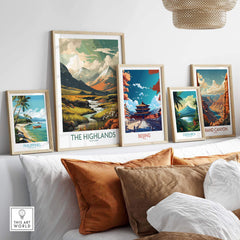 A collection of framed art prints featuring landscapes from the Scottish Highlands, Beijing, Costa Rica, and the Grand Canyon.